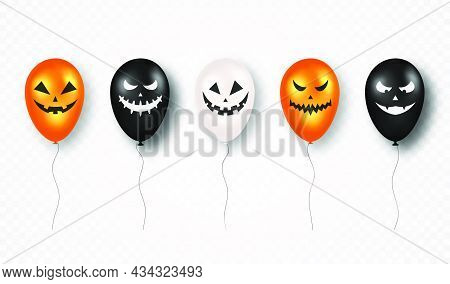 Happy Halloween. Halloween Air Balloons With Scary Pumpkin Ghost Faces. Black, White And Orange Air 