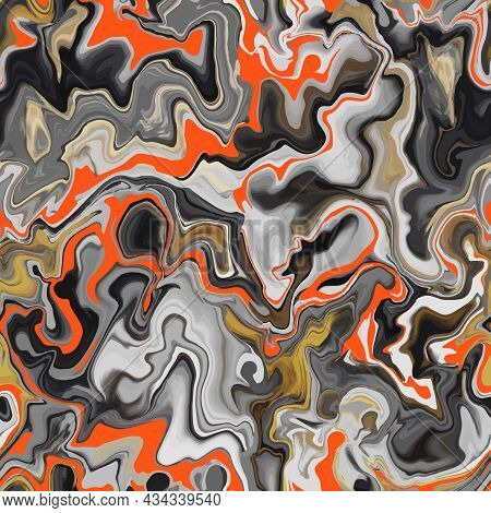 Marble Texture Seamless Pattern. Silver, Brown, Gold, Orange Smoke Abstract Background. Seamless Liq