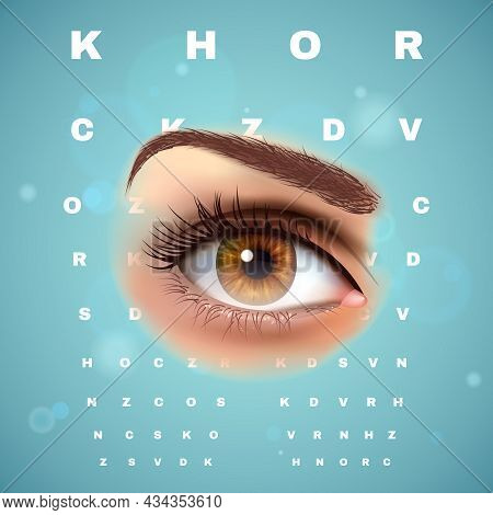 Ophthalmic Clinic Optometrist Visual Acuity Control Chart With Beautiful Realistic Young Woman Eye A