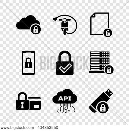 Set Cloud Computing Lock, Electric Scooter, Document And, Credit Card With, Api Interface And Usb Fl