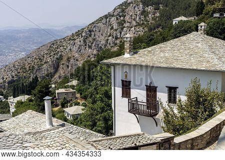 View Of The Mountains Village Of Makrinitsa (municipality Of Volos) With Traditional Houses On A Sun