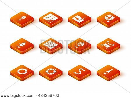 Set Lifebuoy, Fishing Lure, Folded Map, Worm, Spring Scale, Bottle Of Vodka And Crab Icon. Vector