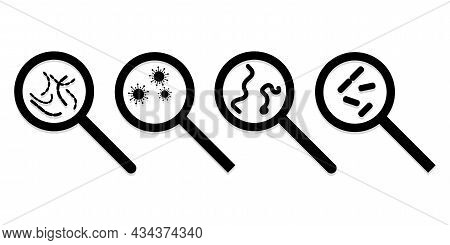 Black Bacille Sign. Biology Concept. Magnifying Glass With Bacteria. Science Backdrop. Vector Illust