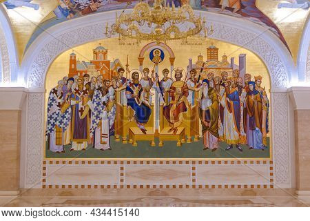 Belgrade, Serbia - July 21 2019: Fresco In The Interior Crypt Of The Church Of Saint Sava, Serbian O