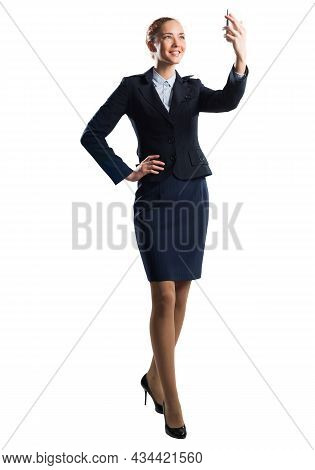 Young Beautiful Woman Taking Selfie Photo With Smartphone. Confident And Stylish Businesswoman In Da