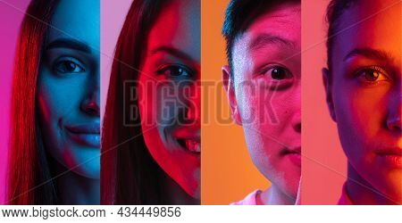 Collage Of Four Half Male And Female Multiethnic Faces Faces Placed On Narrow Vertical Stripes In Ne
