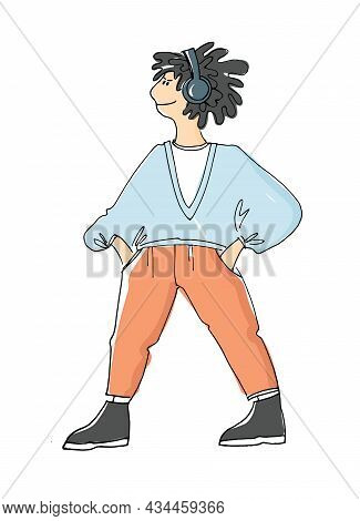 Teenage Girl Standing In Headphones With Hands In Pockets. Colorful Vector Illustartion