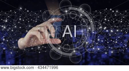 Neural Networks And Other Concepts Of Modern Technologies. Hand Hold Digital Hologram Artificial Int