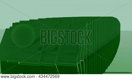 Animation Of Falling Domino. Design. 3d Plates Fall From Impact Of Ball On White Background. Colored