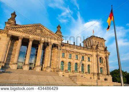 Building Of Reichstag Berlin Parliament In The Bright Sunny Day. Berlin, Germany - 05.17.2019