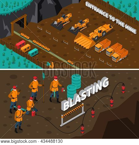 Isometric Horizontal Banners Presenting Miner People Machinery And Process Of Blasting Isolated Vect