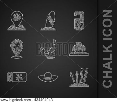 Set Diving Mask And Snorkel, Elegant Women Hat, Ski Sticks, Hotel Service Bell, Airline Ticket, Plan