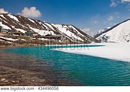 Village Gokyo And Lake Dudh Pokhari At A Sunny Day. Himalayas. Nepal