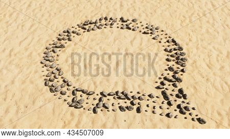 Concept conceptual stones on beach sand handmade symbol shape, golden sandy background, emplty cloud sign. 3d illustration metaphor for communication, online talking, chatting, internet discussion