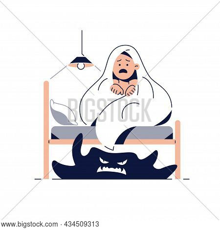 Fear Of Darkness, Kids Nightmares Concept. Frightened Boy Imagining Monsters Under The Bed. Child Hi