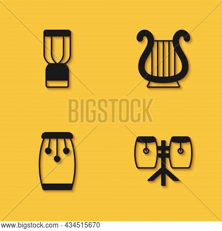 Set African Djembe Drum, Conga Drums, And Ancient Greek Lyre Icon With Long Shadow. Vector