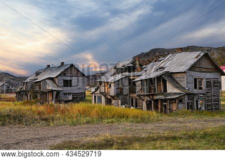 Abandoned Wooden Houses In Teriberka Village In The Harsh Northern Territory Of Russia