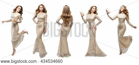 Fashion Woman In Long Holiday Dress Set. Beauty Model In Silver Sequin Sparkly Lace Evening Gown Ove