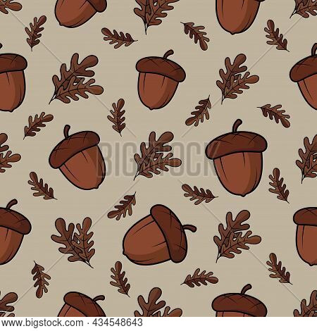 Acorn Seamless Pattern, Autumn Leaves Vector Background