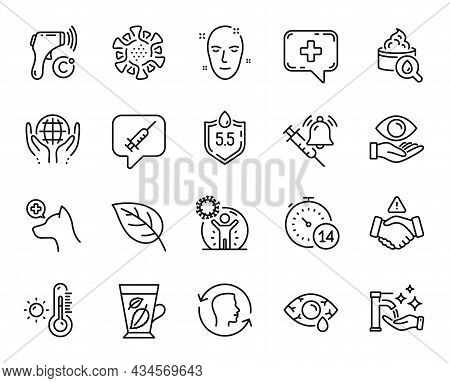 Vector Set Of Veterinary Clinic, Vaccine Announcement And Mint Leaves Line Icons Set. Organic Tested