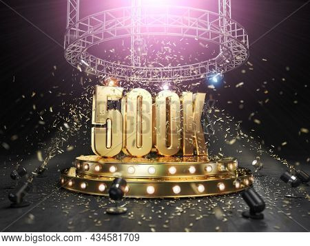 500k followers celebration. Number 1M on the stage with spotlight and confetti. 3d illustration 