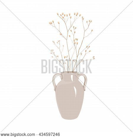 Ceramic Vase With Flowers Vector Stock Illustration. A Dry Branch Of Beige Color. Isolated On A Whit