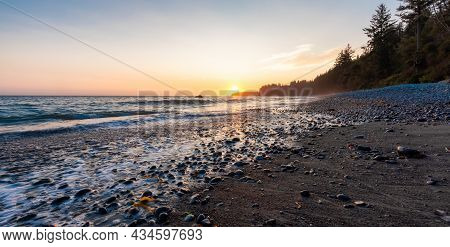 Sandcut Beach On The West Coast Of Pacific Ocean. Summer Sunny Sunset. Canadian Nature Landscape Bac