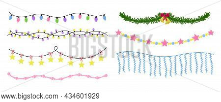 Christmas Garlands Set. Hanging New Year Decorations Isolated. Christmas Lights And Tree Ornaments. 