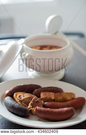 Asturian Gastronomy. Traditional Fabada And Compango In A Kitchen. With Chorizo, Ham And Blood Sausa