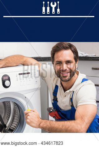 Composition of smiling caucasian plumber fixing washing machine. plumber services and template concept digitally generated image.