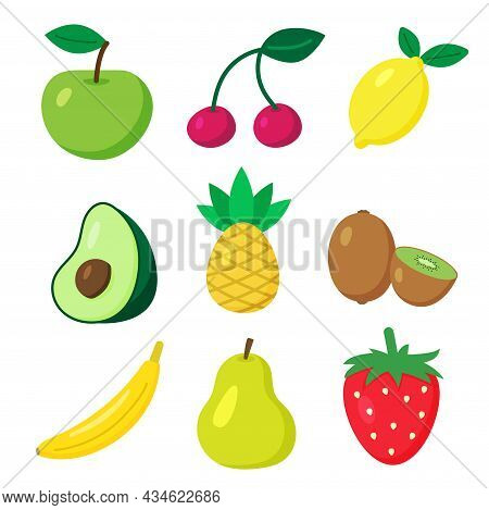 Set Of Vector Fruits And Berries. Cartoon Flat Style. Apple, Cherry, Lemon, Avocado, Pineapple, Kiwi