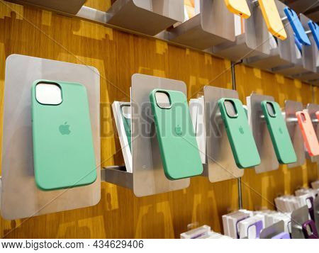 Paris, France - Sep 24, 2021: Green Silicone Protection Cases Of Iphone 13 Pro Magsafe At The Apple 
