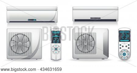 Air conditioner system - realistic set with cooling or heating equipment. Electronic appliance or device to clean, freshen and circulate air. Color indoor and outdoor units. Icon on white background