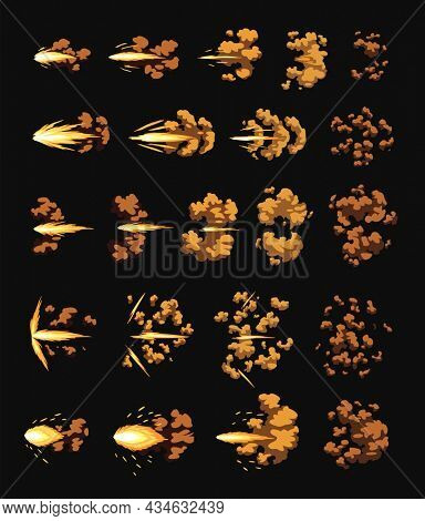 Gun flashes or gunshot animation. Collection of fire explosion effect during the shot with the gun. Cartoon flash effect of bullet starts. Shotgun fire, muzzle flash and explode
