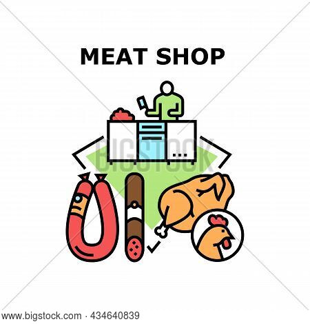 Meat Shop Market Vector Icon Concept. Meat Shop Market Worker Butcher Cutting Chicken Or Beef, Pork 