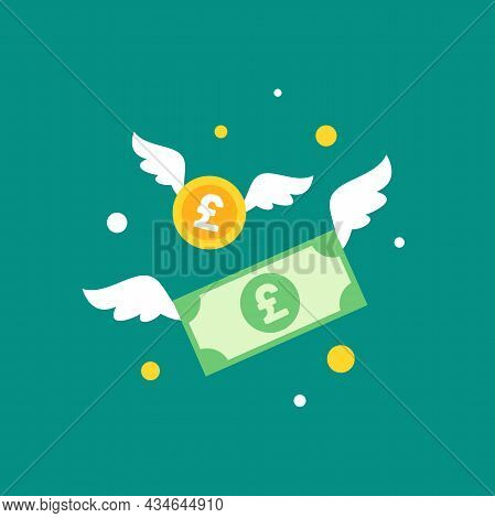 Gold Pound Sterling Coins And Banknotes With Wings. Flat Blue Background. Flying Money. Economy, Fin