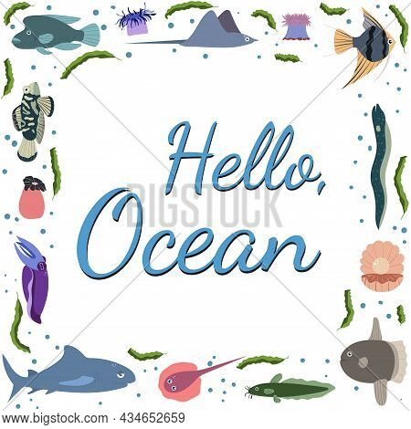 Frame Template With Cartoon Sea Animals. Ocean Background With Square Silhouette. Underwater Life. S