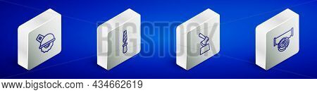 Set Isometric Line Electric Circular Saw, Rasp Metal File, Wooden Axe In Stump And Two-handed And Lo