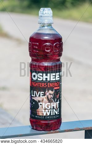 Gdansk, Poland - July 7, 2021: Oshee Isotonic Blackcurrant.