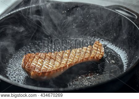 Pleurotus Eryngii King Oyster Mushroom Frying In Iron Cast Pan Creating Beautiful Steam