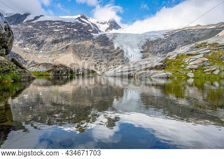 Mountain Glacier In Alpine Valley Reflected In Water. Schlaten Glacier, German: Schlatenkees, Hohe T