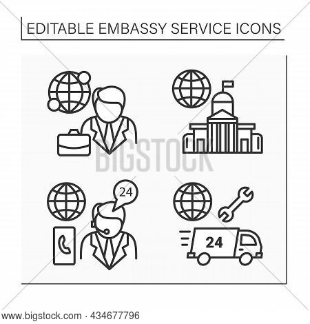 Embassy Service Line Icons Set. Client Consultation, Assistance. Diplomation Mission Concept. Isolat