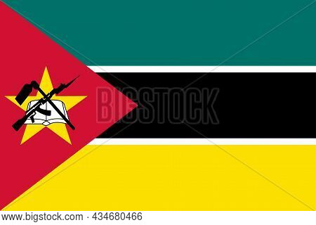 National Flag Republic Of Mozambique - Vector,  Kalashnikov Rifle, Bayonet, Farming Mattock And Open