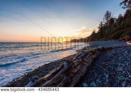 Sandcut Beach On The West Coast Of Pacific Ocean. Summer Sunny Sunset. Canadian Nature Landscape Bac