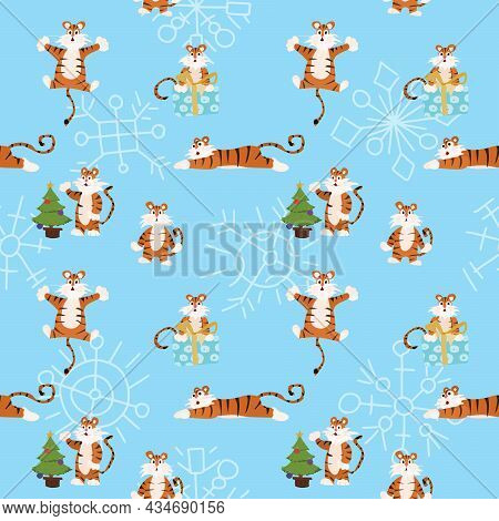 Tiger New Year Pattern. Flat Style Vector Stock Illustration