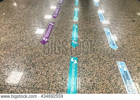 Kartal, Istanbul, Turkey - 07.24.2021: Covid 19 Vaccination And Emergency Sticker Guide Signs On The