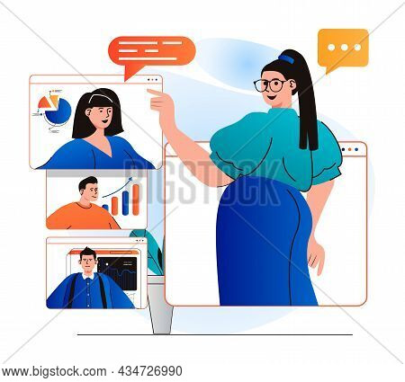 Video Conference Concept In Modern Flat Design. Woman Listens To Colleagues Reports Remotely Using G