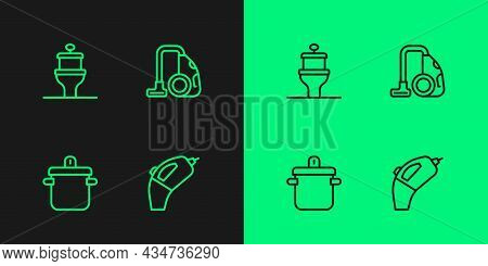 Set Line Portable Vacuum Cleaner, Cooking Pot, Toilet Bowl And Vacuum Icon. Vector
