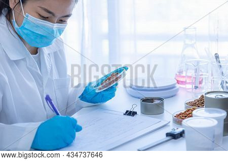 Quality Control Personnel Are Inspecting The Quality Of Wet Pet Food. Tuna Cat Food In Can. Quality 
