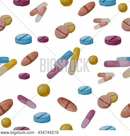 Watercolor Seamless Pattern Of Medicines, Pills, Tablets And Capsules On A White Background